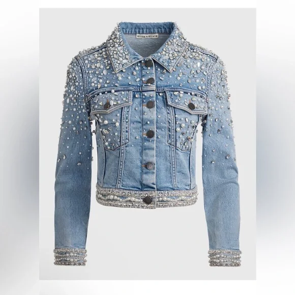 Alice + Olivia Pearl Studded Light Blue Denim Jacket XS